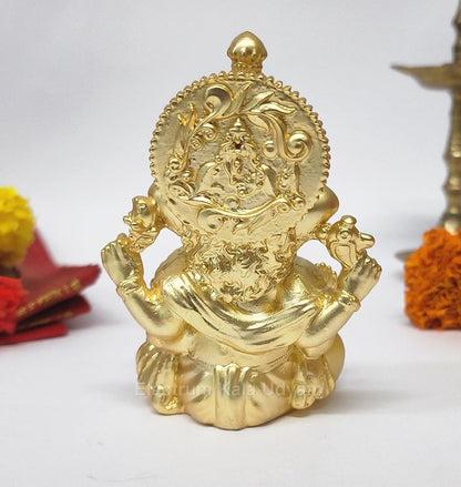 Handcrafted Poly Resin Ganesha Statue with Base - Perfect for Car Dashboard, Office Desk, Shelves, and Home Decor - Ideal Housewarming Gift! (GOLDMATTEVINAYAGAR 4")