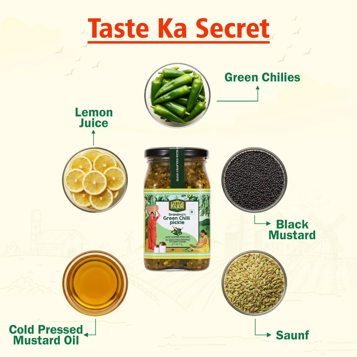 THE LITTLE FARM CO Green Chilli Pickle - Hari Mirch ka Achar | Less Oil Mustard Base Homestyle Tangy Flavour Chilli Pickles | No Added Preservatives, Artificial Colours & Flavours | Traditional Recipe