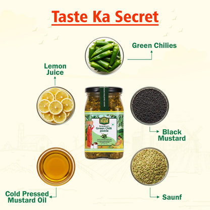 THE LITTLE FARM CO Green Chilli Pickle - Hari Mirch ka Achar | Less Oil Mustard Base Homestyle Tangy Flavour Chilli Pickles | No Added Preservatives, Artificial Colours & Flavours | Traditional Recipe