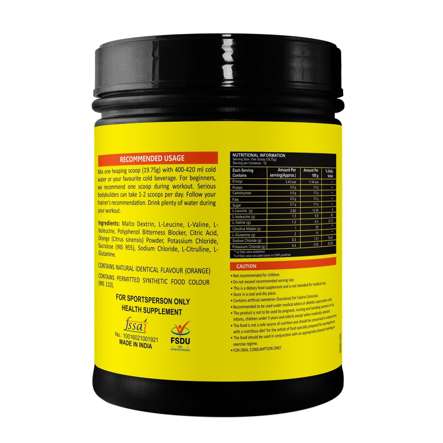 Healthvit BCAA 6000mg Supplement for Men & Women with Ideal 2:1:1 Ratio | Intra Workout Supplement for Men and Women for Muscle Growth & Muscle Recovery - Orange Flavor | Pack of 1 - 200g