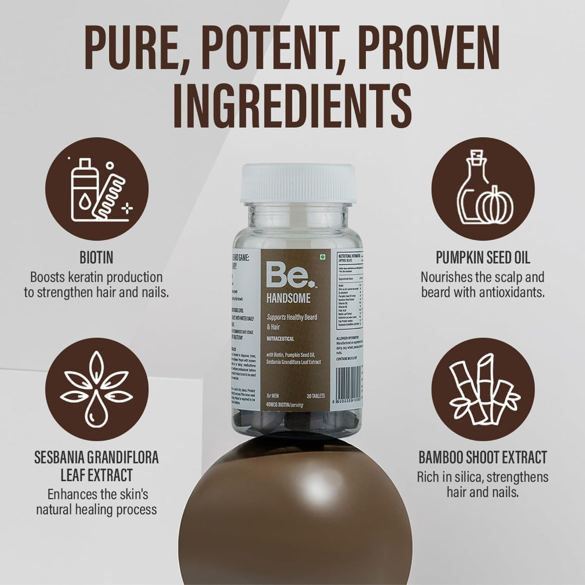 Be. Handsome Hair & Beard Growth Supplement | Biotin, Pumpkin Seed Oil & Bamboo Shoot Extract | Stronger Hair, Beard Fullness & Reduced Hair Fall | Travel Pack | 20 Tablets