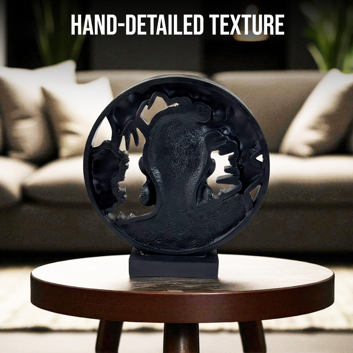 African Lady Round Halo Polyresin Showpiece 22 cm Black & Gold Palm-Leaf Circular Bust Statue Luxury Home Décor Figurine for Living Room Office Table Gift | Tabletop Decorative Showpiece