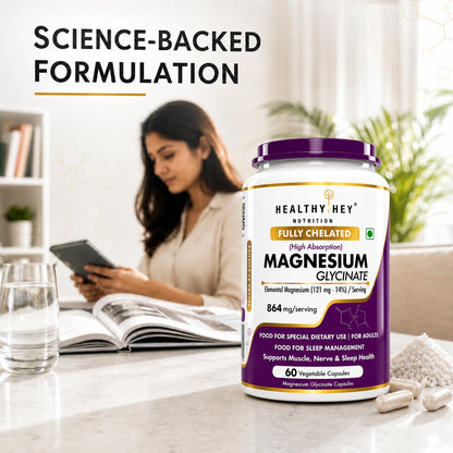 HealthyHey Nutrition Magnesium Glycinate 14% Fully Chelated Supplement High Absorption for Sleep, Cramps, & Nerves Health - 60 Vegetable Capsules