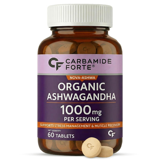 Bottle of Carbamide Forte Organic Ashwagandha supplement on a white background