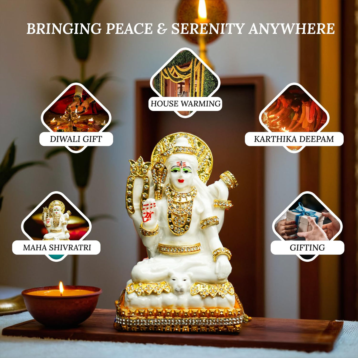 White Marble Dust Lord Shiva Idol for Home (5 inch) | Jewellery Embellished Lord Siva Statue for Pooja Room, Home Decor and Office Desk | Resin Shiv Ji Murti | Sitting Bholenath Murti for Gift