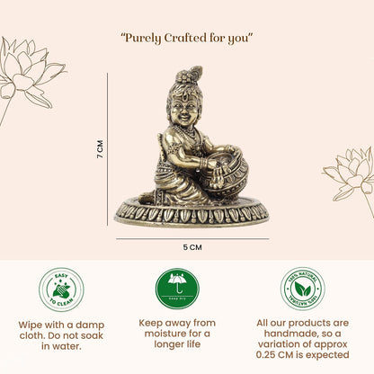 Laddu Gopal Ji Brass Idol | Makhan Chor Krishna Sculpture with Intricate Detailing | Bal Krishna Idol for Home Temple (Design01: L5 x W7.5 x H7 cm)