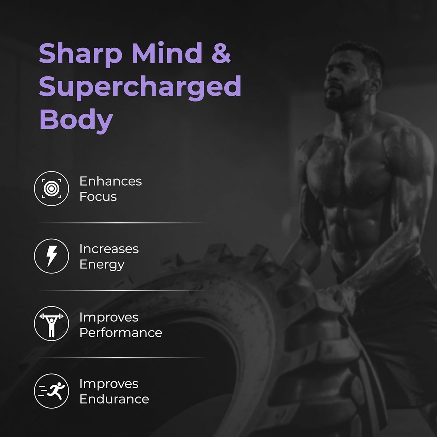 Muscular man lifting a tire with text about mental and physical benefits on a dark background