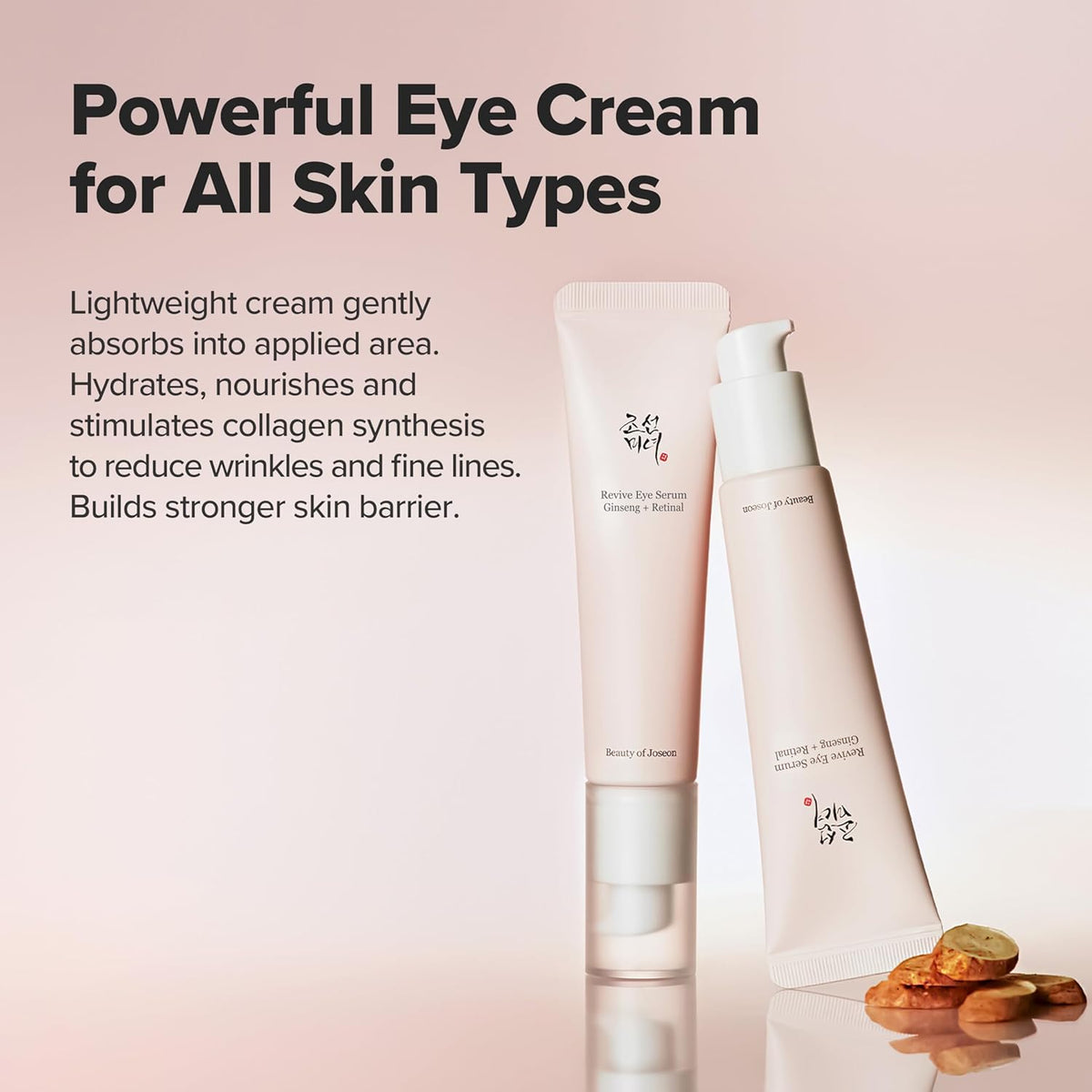 Two skincare products with text about a powerful eye cream for all skin types on a pink background.