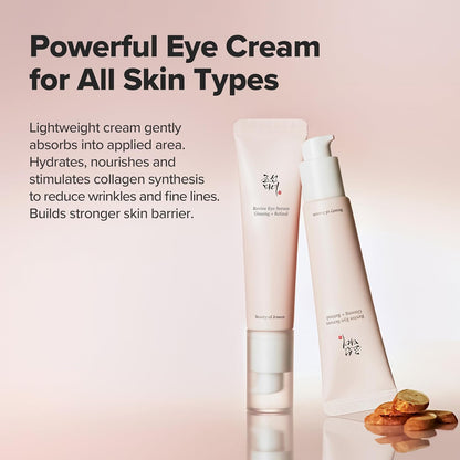 Two skincare products with text about a powerful eye cream for all skin types on a pink background.
