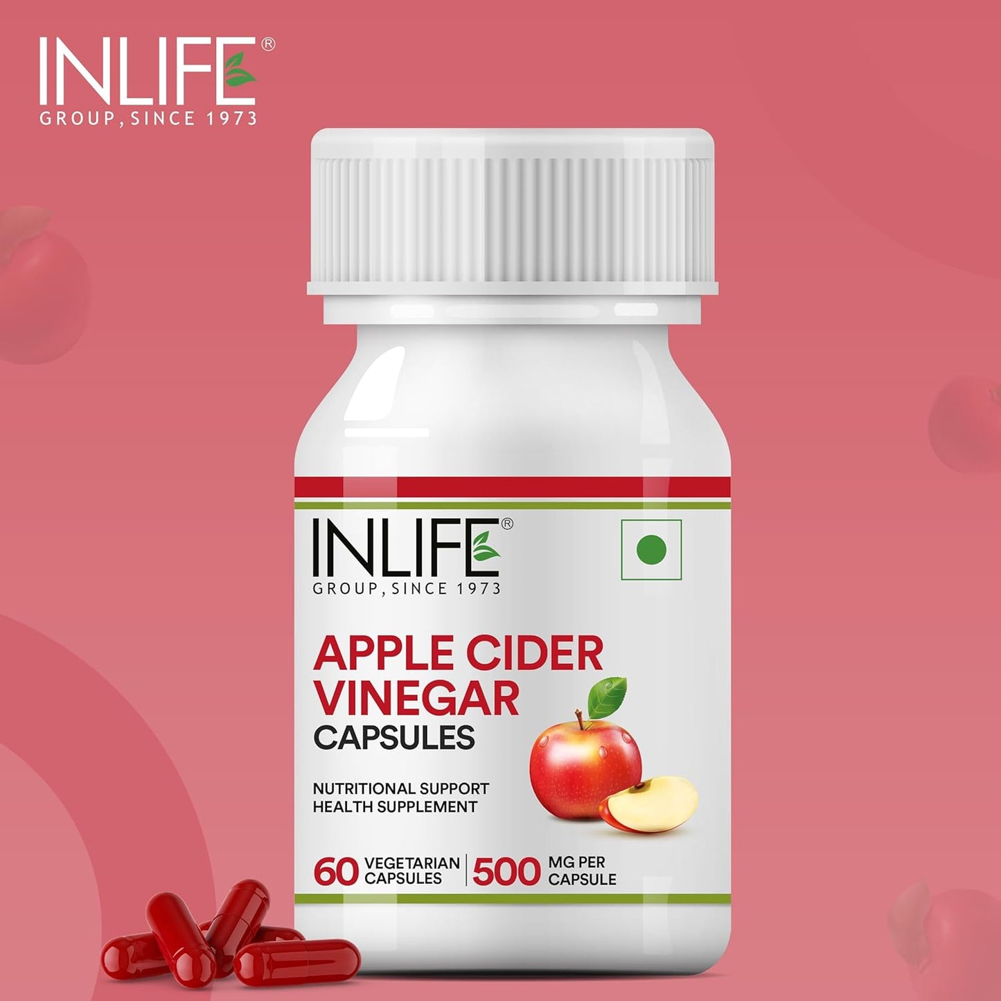 INLIFE Apple Cider Vinegar Supplement | Weight Management, Metabolism, Healthy Digestion | Plant Based Nutrition, 500mg - 60 Vegetarian Capsules (Pack of 1, 60)
