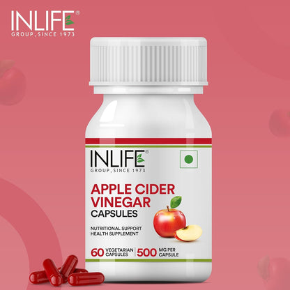 INLIFE Apple Cider Vinegar Supplement | Weight Management, Metabolism, Healthy Digestion | Plant Based Nutrition, 500mg - 60 Vegetarian Capsules (Pack of 1, 60)