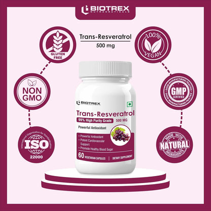 Biotrex Nutraceuticals Trans Resveratrol 500mg | 99% High Purity Grade | Grape Skin Extract | Supports Blood Sugar Levels & Healthy Heart | 60 Veg Capsules