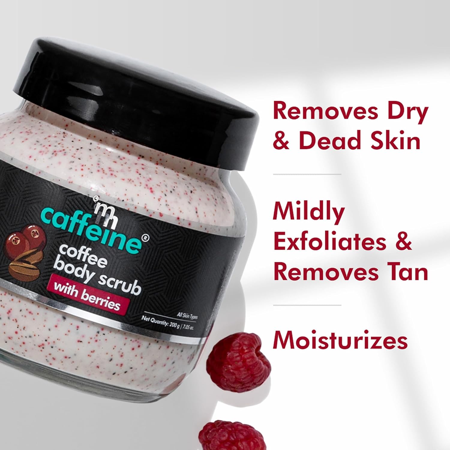 Caffeine coffee body scrub with berries on a white background