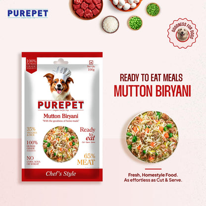 Purepet Fresh Dog Food Mutton Biryani, for Adult & Puppy, 100gm | High Protein, 65% Real Meat, 35% Veggies & Rice | No Preservatives | Ready to Serve | All Breeds | One Pack One Meal