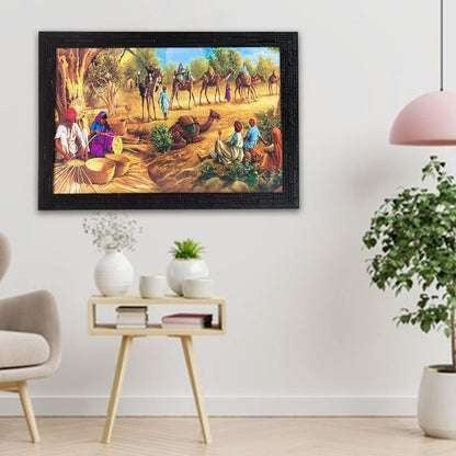 Wood Village Scene Art Framed Painting| Ready To Hnag - (13.5 X 19.5 Inch, Multicolor)