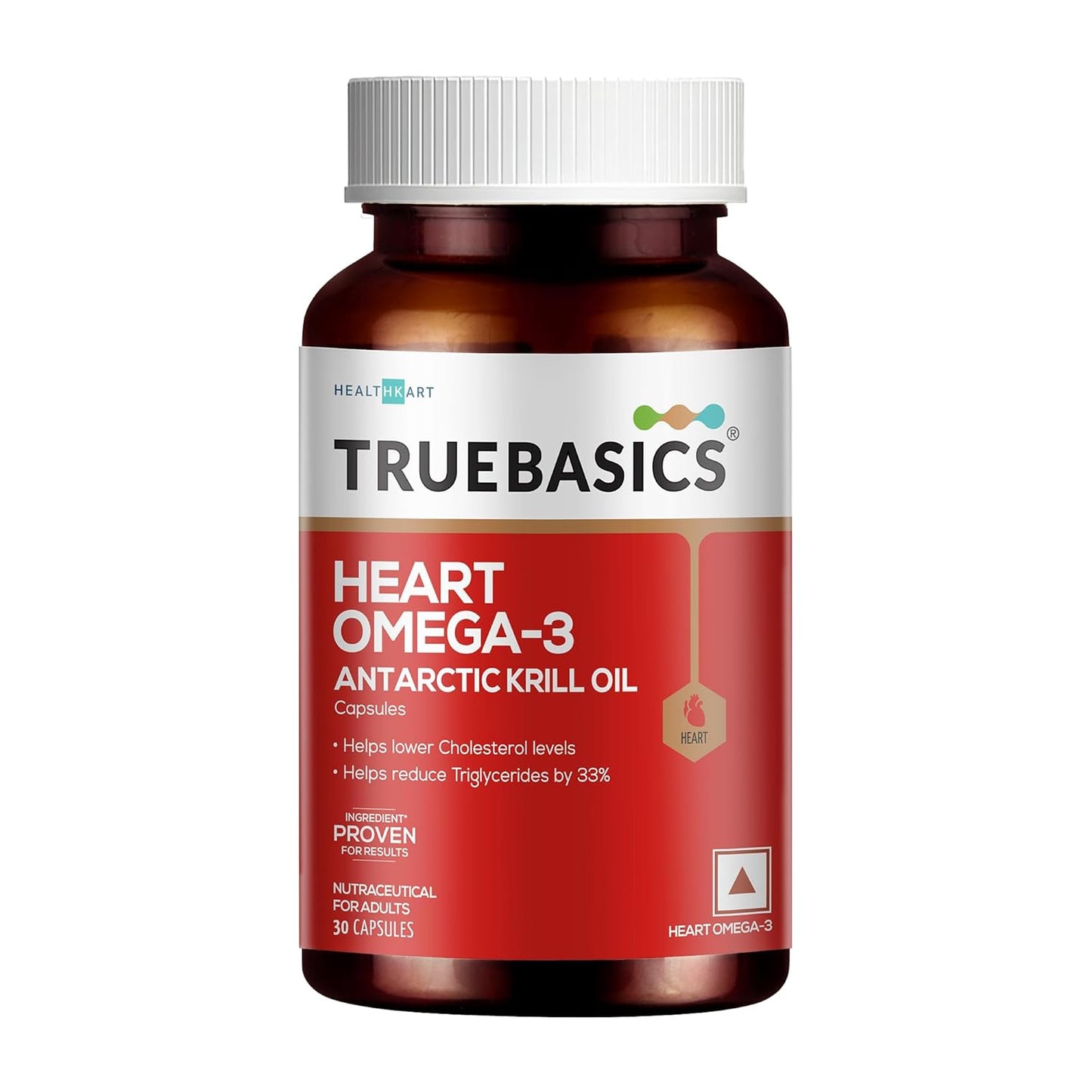 TrueBasics Heart Omega 3 Antarctic Krill Oil (30 Capsules)|With Clinically Researched 100% Pure Krill Oil|For Healthy Heart,Reduces Cholesterol & Triglycerides,1 Count