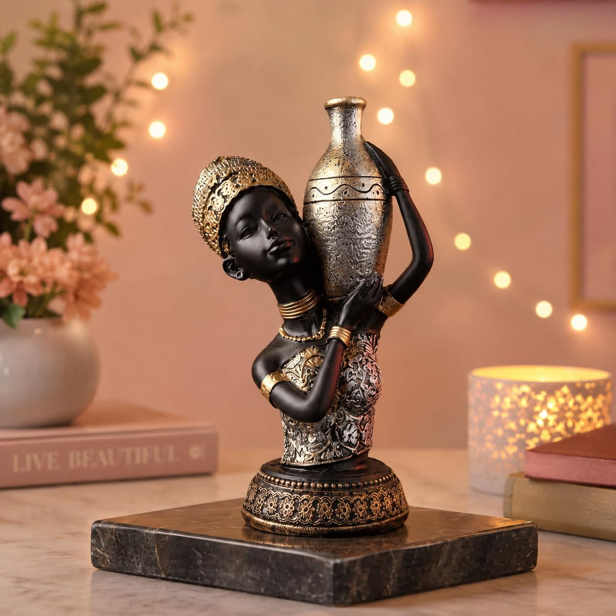 Beautiful African Lady with Pot for Table Décor | Home Décor (Pack of 1, Black,Silver & Golden)