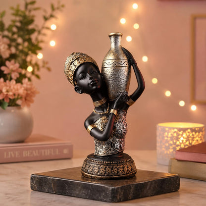 Beautiful African Lady with Pot for Table Décor | Home Décor (Pack of 1, Black,Silver & Golden)