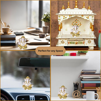 Gold Art India Gold Plated Gaddi Ganesha for Car Dashboard Home Decor Gifting Diwali Birthday Festivals (GAADDIGOLDWHITE)