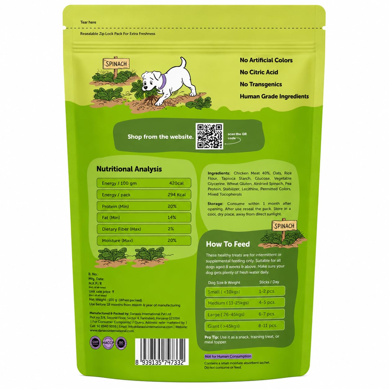 Dogs & Tiddles Spinach & Real Chicken Dog Treats for Puppies & Adult Dogs, 100g | Soft & Chewy Puppy Treats | Easily Digestible and Healthy| Tasty Training Treats and Dog Snacks