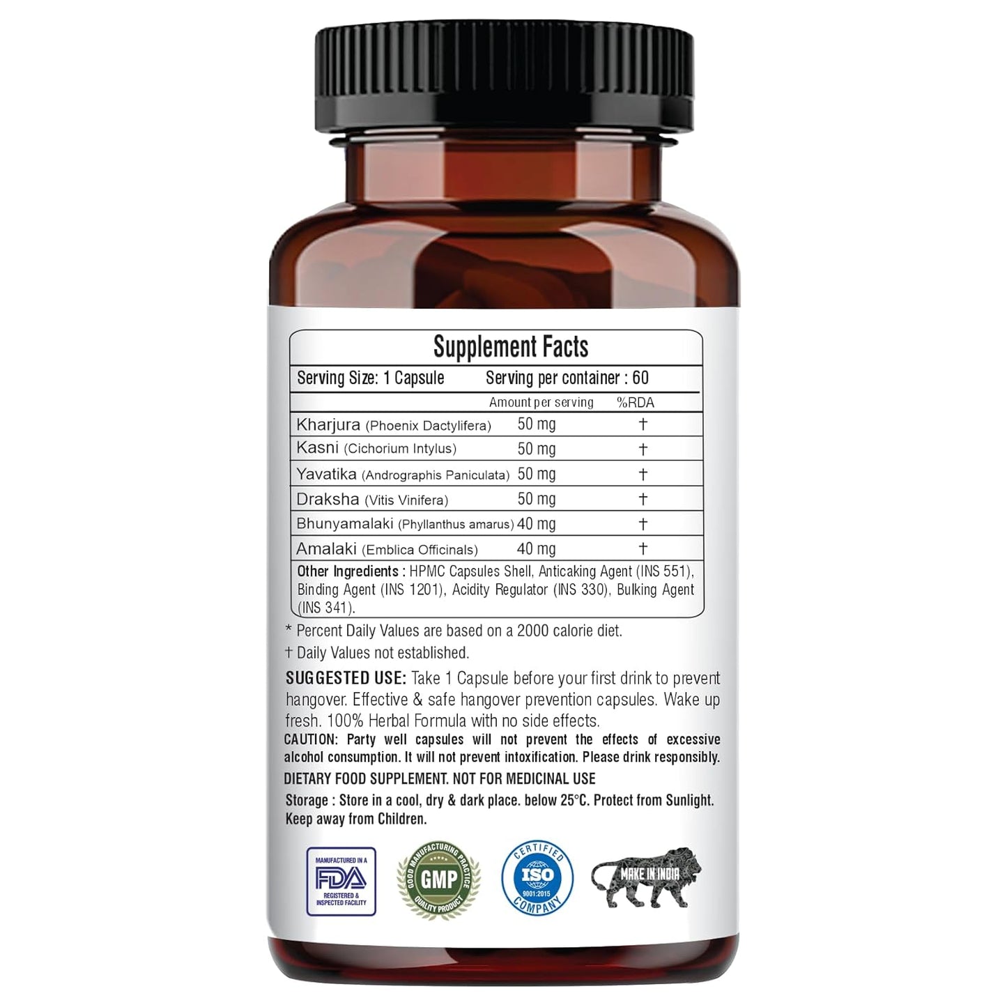 Supplement bottle with label showing 'Supplement Facts' and certification logos on a white background
