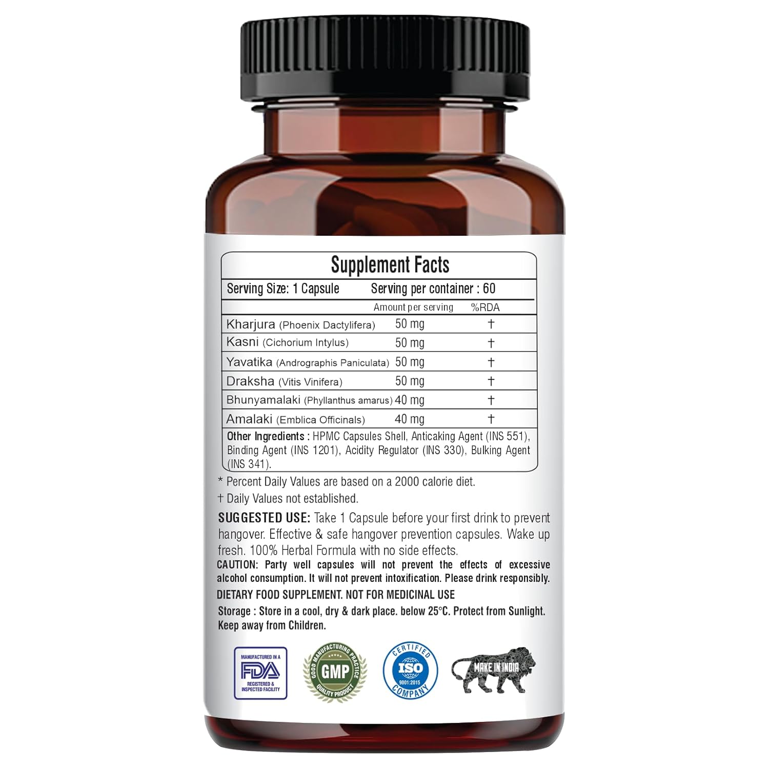 Supplement bottle with label showing 'Supplement Facts' and certification logos on a white background