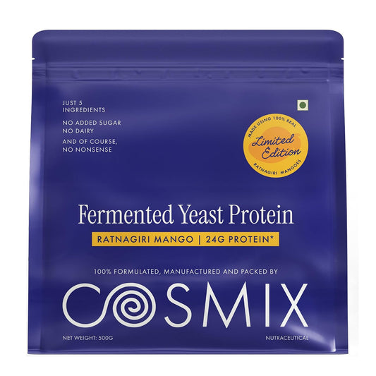 Cosmix Fermented Yeast Protein Powder | 24g Protein | Made with Real Mango | High Absorption with PDCAAS of 1 | No Dairy | Made In-House | Smooth, Tasty & Gut-Friendly | Ratnagiri Mango, 500g Pouch