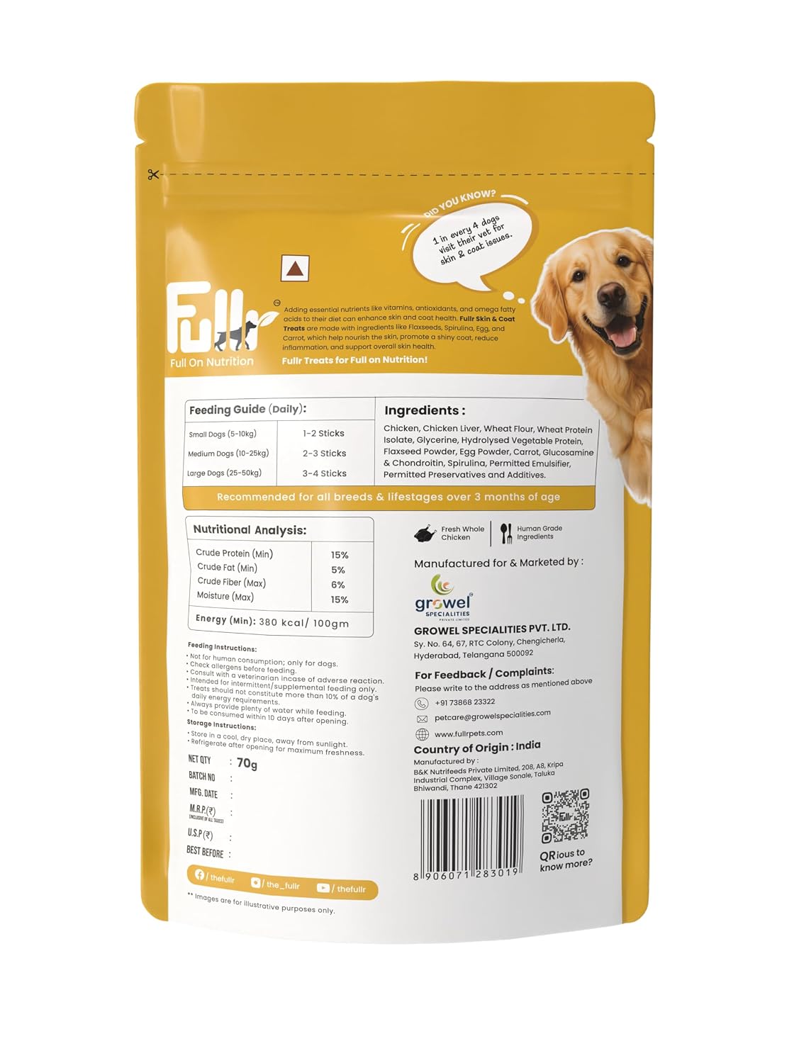 Fullr Skin & Coat Dog Biscuits for All Life Stages, Dog Treats Made with Salmon, Egg & Flaxseed, Healthy Dog Treats Made with Superfoods, Suitable for All Dog Breeds, 70g, Pack of 1