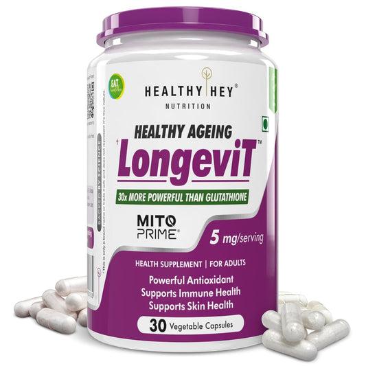 Supplement container labeled 'Longevit' by Healthy Hey Nutrition on a white background