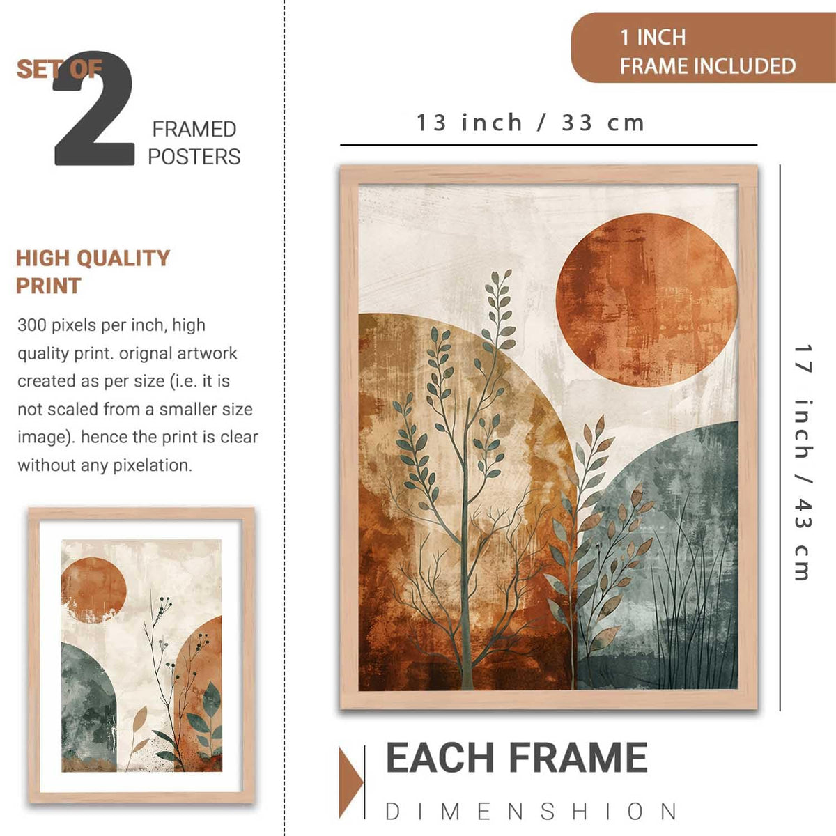 Boho Art Home Decoration Modern Paintings With Frame For Living Room Bed Room Hotel Wall Decor Digital Reprint Set of 2 (13X17 inch)