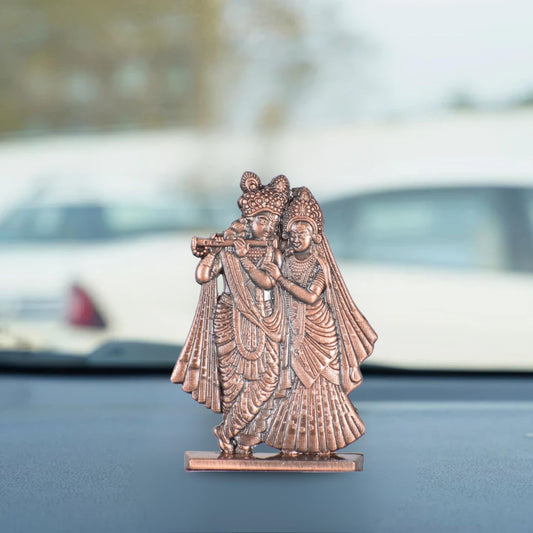 Radha Krishna Bansuri Idol for Car Dashboard – Copper Finish Hindu God Figurine Spiritual Decor for Car & Home (S909-CPR)