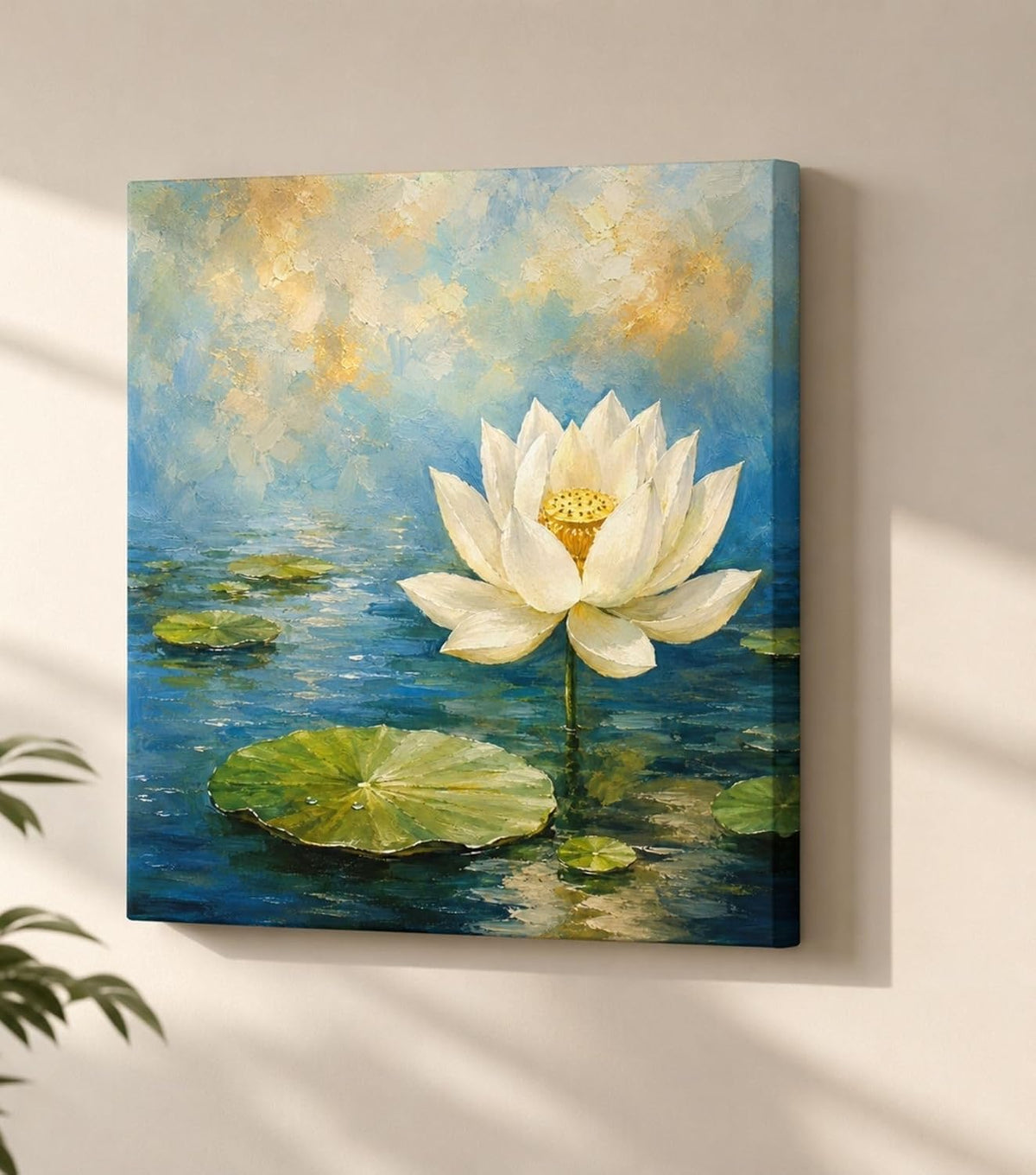 Lotus Flower Painting for Wall Vastu (15+ DESIGNS) Framed Lotus Canvas Painting for Living Room, Bedroom | Nature Floral Wall Art with Multiple Design Variations (White Single Lotus, 18x18 Inch, Framed)
