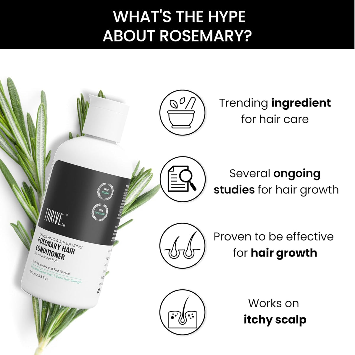 Rosemary hair care product with benefits listed on a white background