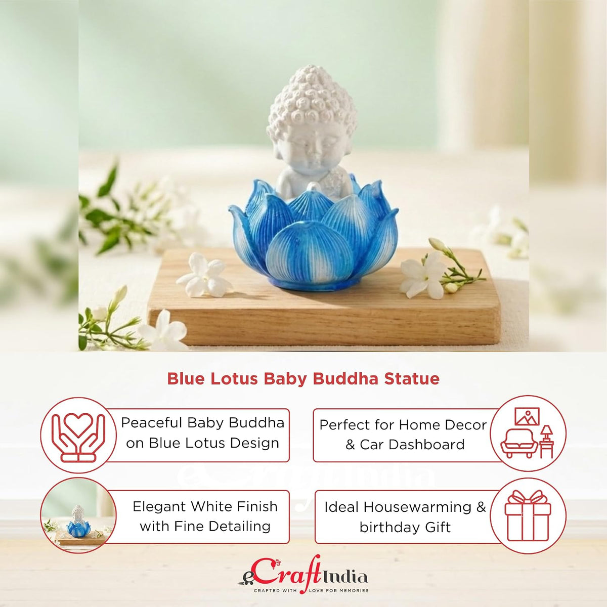 Blue Lotus Baby Buddha Statue Showpiece for Home Décor | Living Room, Bedroom, Office & Car Dashboard