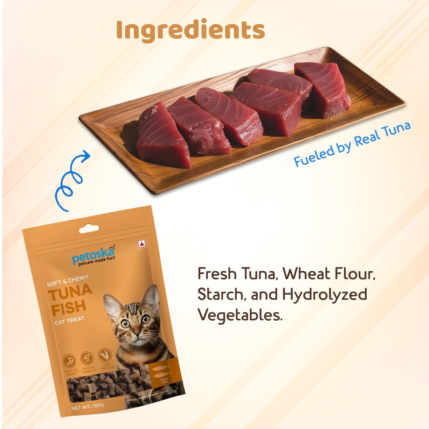 Petoska Tuna Fish Cat Treats –100g | Air-Dried Real Tuna Bites with Taurine & Omega-3 | Chewy High-Protein Snack for Shiny Fur, Lean Muscles & Joint Strength | for Kittens & Adult Cats