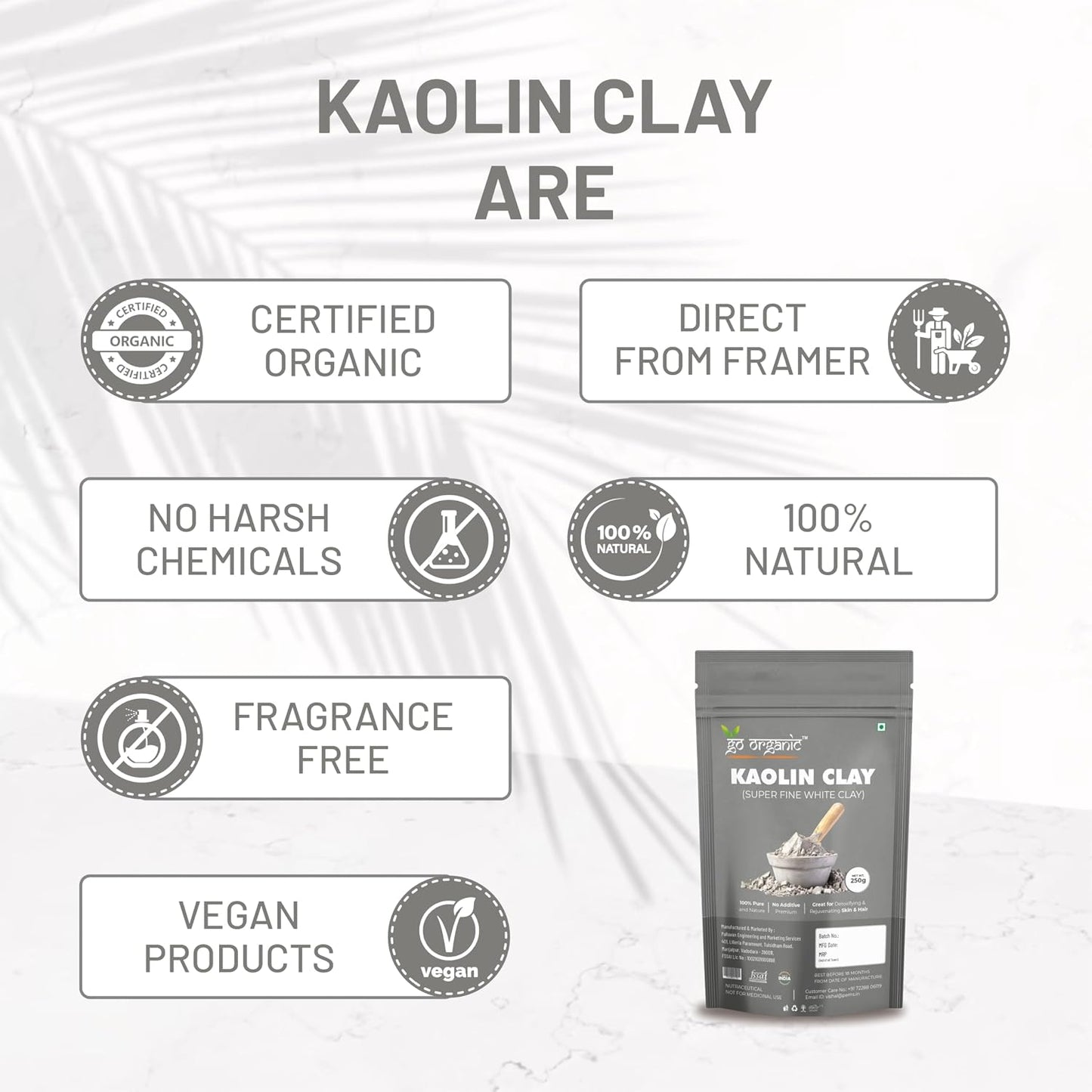 Go Organic White Kaolin Clay Powder for Skin Face Mask, 250g, Natural Ingredients, Gentle Exfoliation, Deep Cleansing,China clay | White Clay | Vegan and Organic | Paraben free | Reduces Acne, De Tan & Blackheads | Fack Pack | Hair Pack |