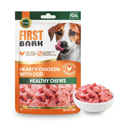First Bark Dog Treats for Adult Dog & Puppy – Healthy Chews Chicken & Cod Fish Jerky for Dogs, Small Dogs & Shih Tzu | Dog Snacks & Puppy Treats – Hearty Chicken with Cod (70g) x1