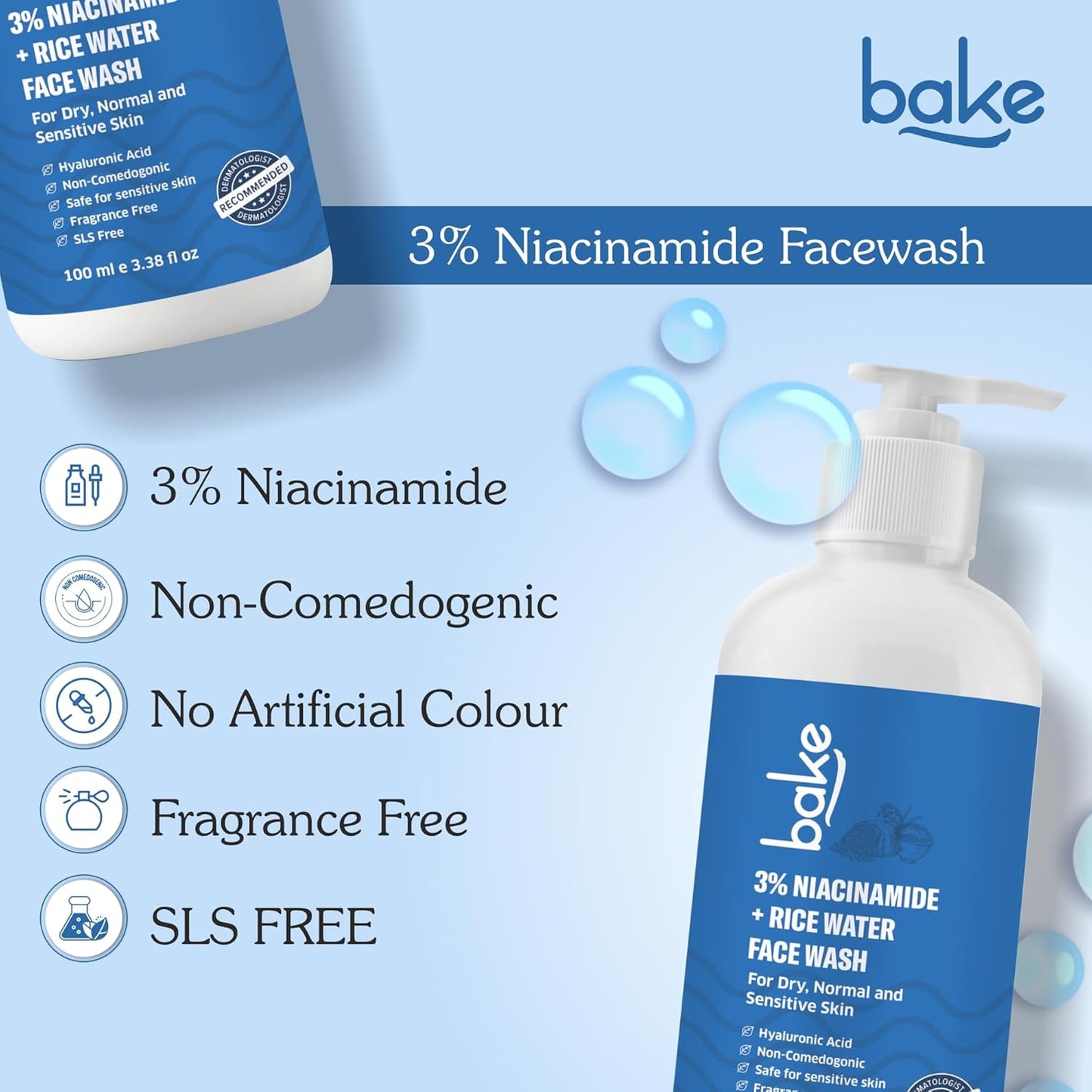 BAKE 3% Niacinamide Face Wash with Rice Water for Acne Marks, Scars & Dark Spots | Daily Anti Acne Face Wash | With Hyaluronic Acid - 100ml