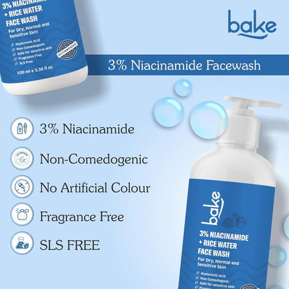 BAKE 3% Niacinamide Face Wash with Rice Water for Acne Marks, Scars & Dark Spots | Daily Anti Acne Face Wash | With Hyaluronic Acid - 100ml