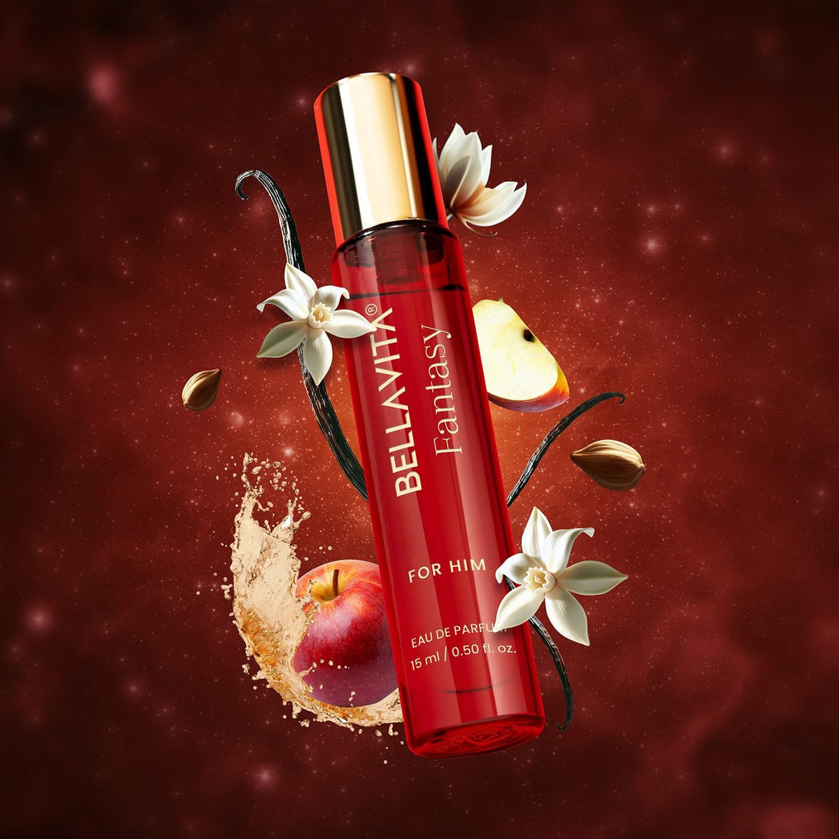 Red Bellamy's Fantasy perfume bottle with floral elements on a red background