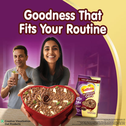 Saffola 25g High Protein Oats | 14g High Fibre | Chocolate flavour | No Refined Sugar | With Almonds, Raisin, Pumpkin and Chia Seeds | Rolled Oats for Weight management & Muscle gain