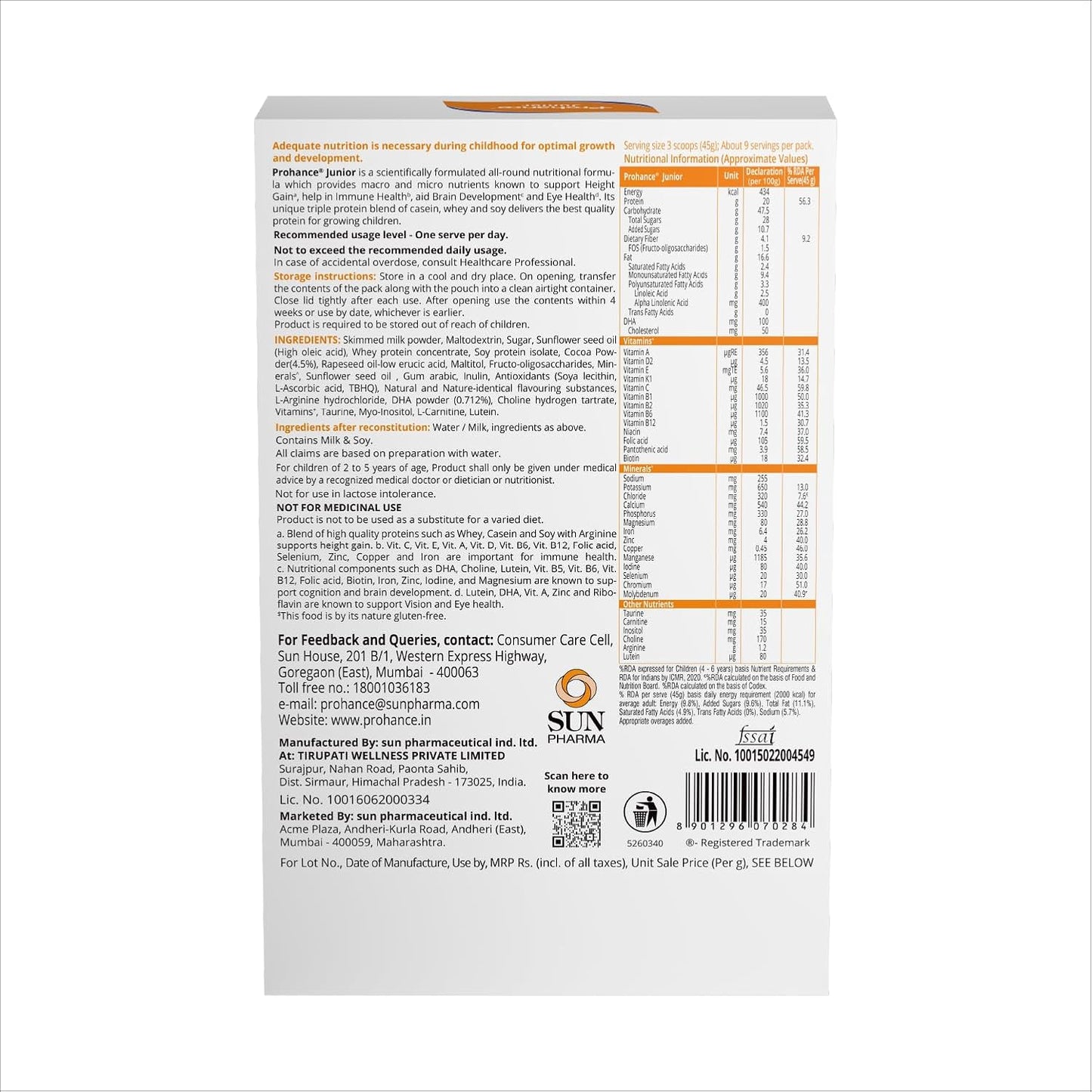 Prohance Toddler Junior 400G - All-Round Nutritional Formula for Growing Children (Chocolate) Powder
