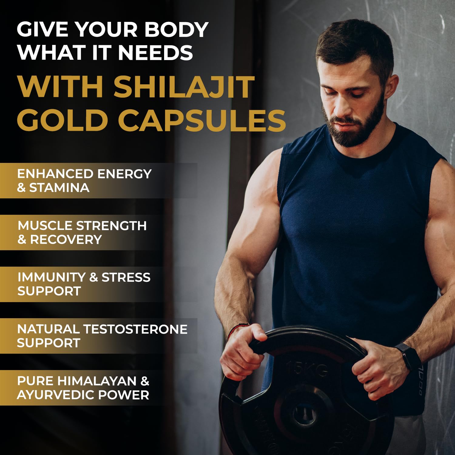 Man lifting weights with Shilajit Gold Capsules advertisement on the left