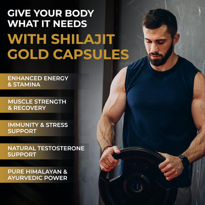 Man lifting weights with Shilajit Gold Capsules advertisement on the left