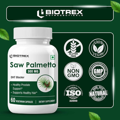 Biotrex Nutraceuticals Saw Palmetto 300mg | Prostate Health & Urinary Support | Hair Growth | DHT Blocker | Advanced Natural Source Supplement With 45% Fatty Acids | 60 Veg Capsules