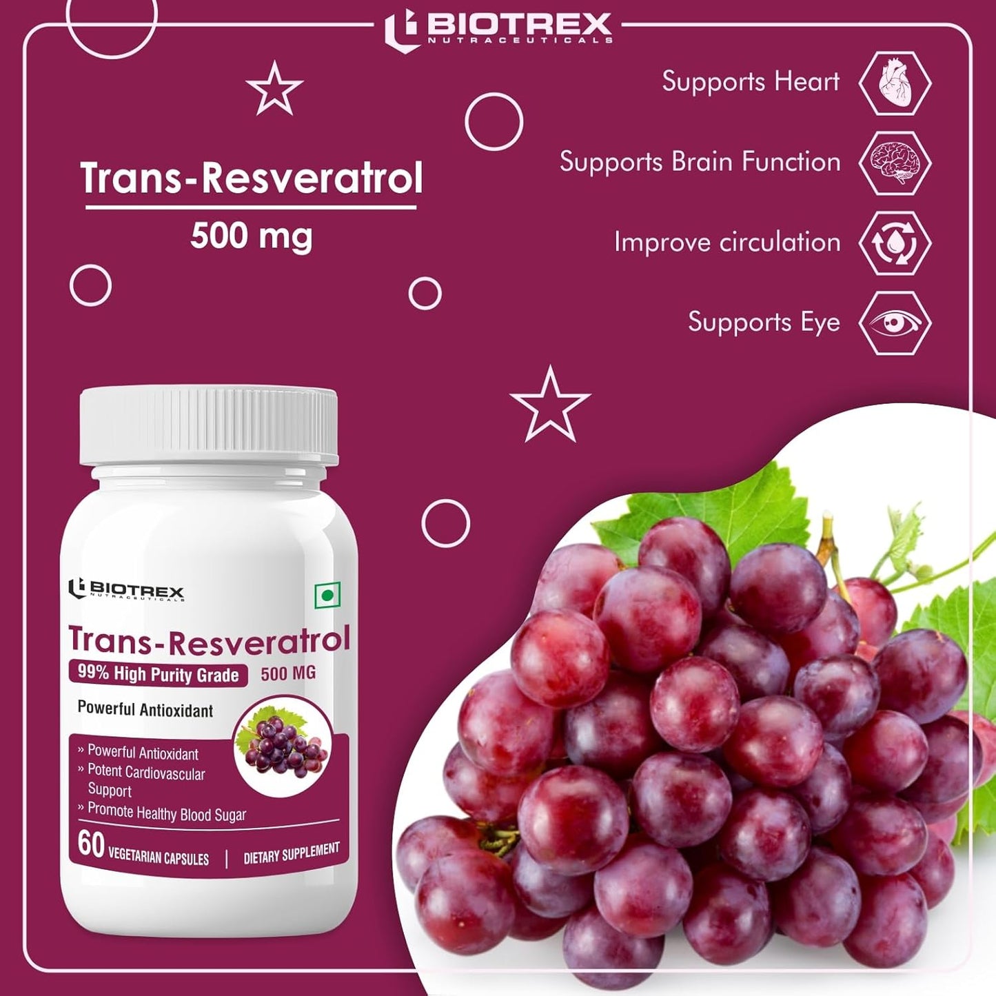 Biotrex Nutraceuticals Trans Resveratrol 500mg | 99% High Purity Grade | Grape Skin Extract | Supports Blood Sugar Levels & Healthy Heart | 60 Veg Capsules
