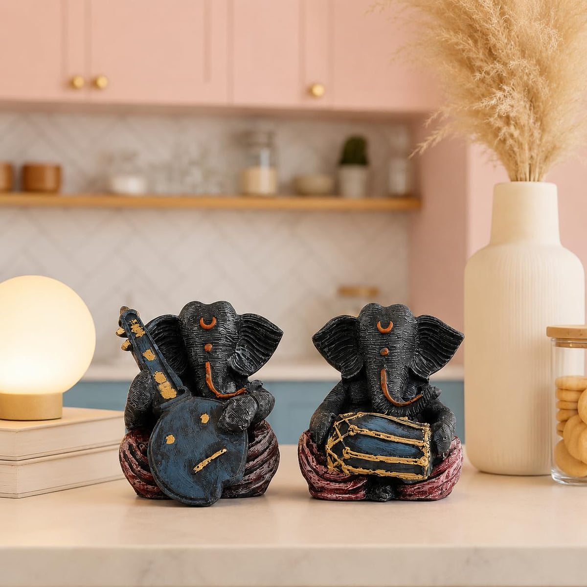 Resin Musical Ganesha Pair for Home Decor | Brings Prosperity - (Grey & Red, Pack of 2)