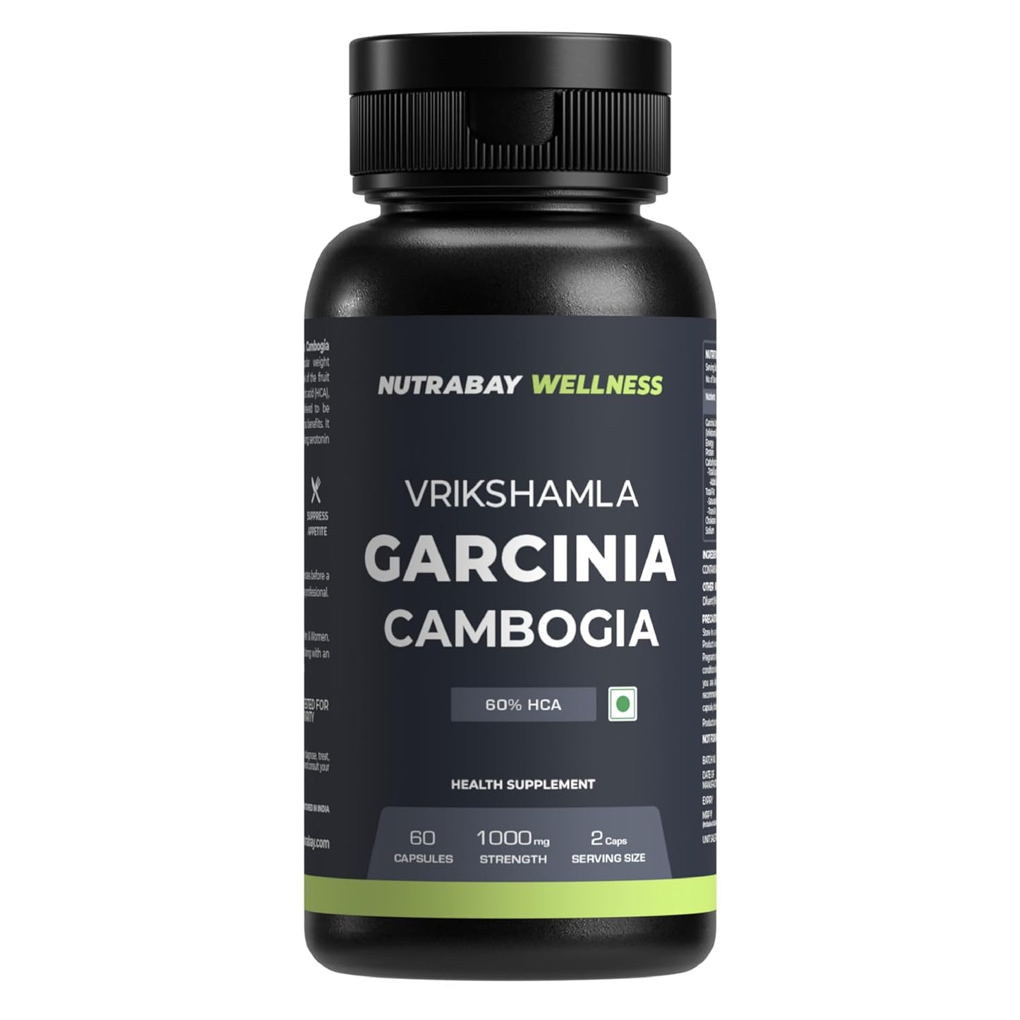 Black supplement bottle labeled 'Vrikshamla Garcinia Cambogia' by Nutrabay Wellness on a white background.