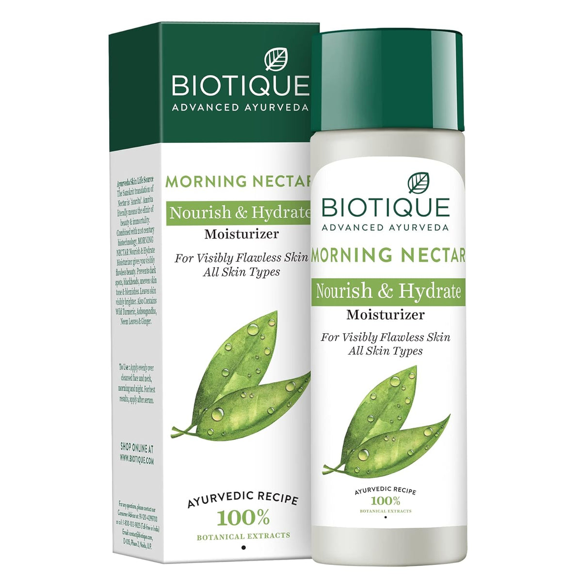 Biotique Morning Nectar moisturizer bottle and packaging on a white background