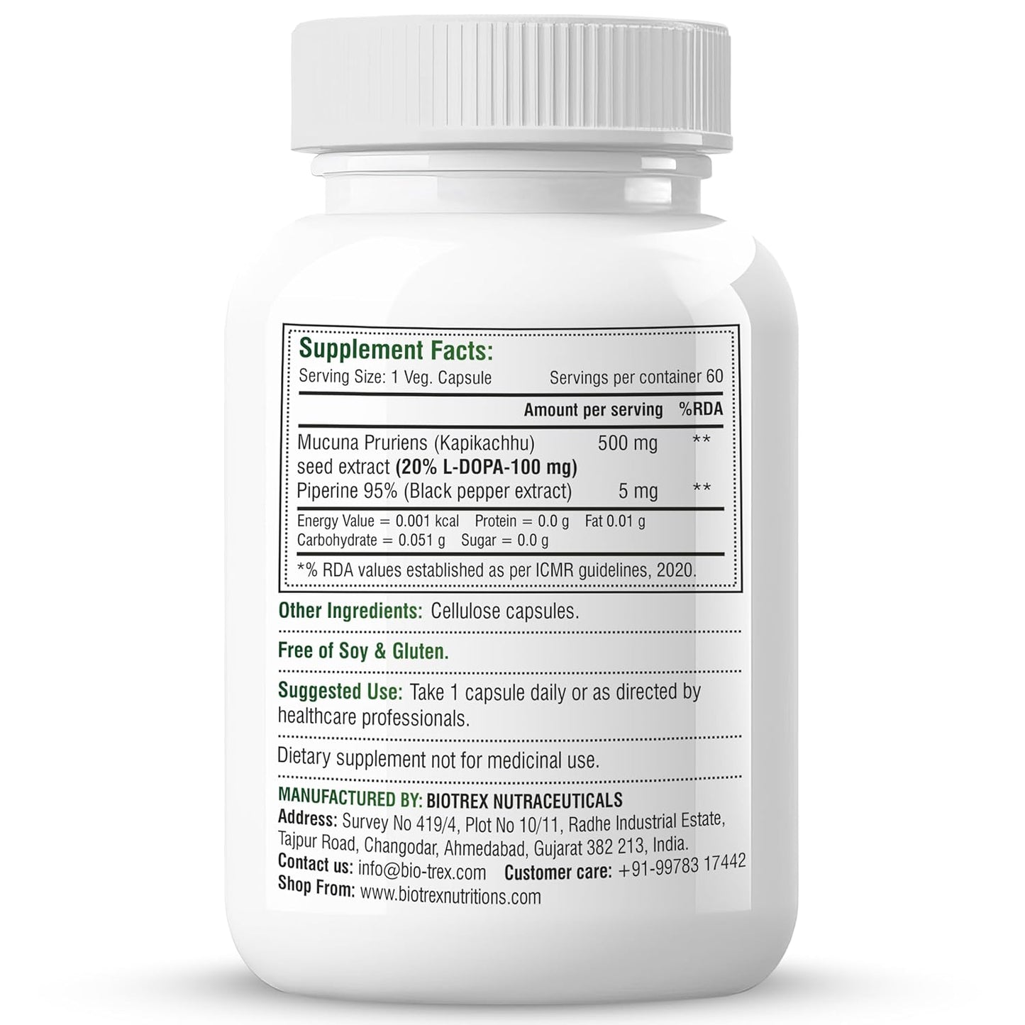 Biotrex Nutraceuticals Mucuna Pruriens (Kapikachhu) (20% L-Dopa) 500mg With Piperine 5mg | Vitality Booster, Motility & Nerve Function - 60 Veg Capsules